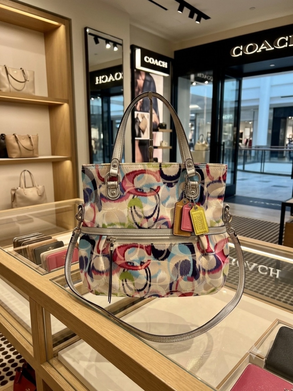 COACH Poppy Ikat Multicolor Signature C Foldover Crossbody Tote Glam Bag 19873